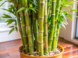 나무 탁자 위의 bamboo plant 안의 pot