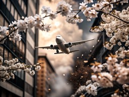 airplane 날고 있는 over city 함께 cherry blossoms