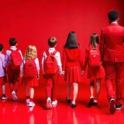 Group of Children Standing in Front of a Red Wall
