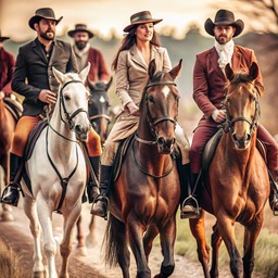 group 사람들 riding horses down dirt 길