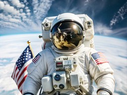 공기 함께 american flag 안의 astronaut floating
