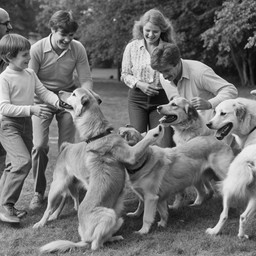 검은색 와 흰색 photo family 노는 함께 their dogs