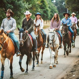group 사람들 riding horses down dirt 길