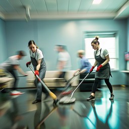 office 안의 group 사람들 cleaning floor