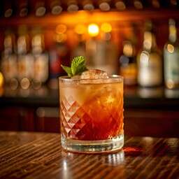 Glass Filled with a Drink Sitting on Top of a Wooden Table