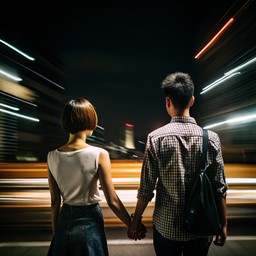 밤 에 남성와 한 여자 가 손을 잡고 있는 것