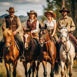 group 사람들 riding horses down dirt 길