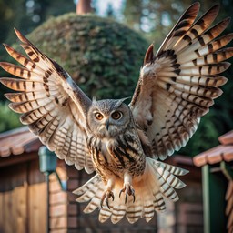 공기 함께 its wings spread 안의 owl 날고 있는