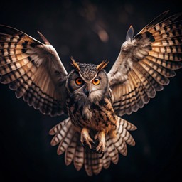 공기 함께 its wings 펼쳐진 안의 owl 날고 있는
