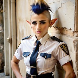 police uniform leaning against wall 안의 여성