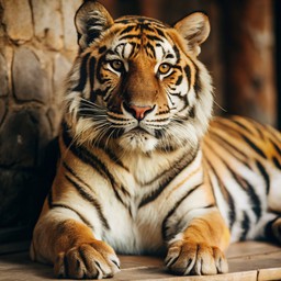 나무 platform 위의 tiger laying down
