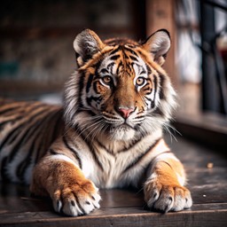 나무 platform 위의 tiger laying down