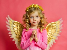 분홍색 드레스 와 angel wings 안의 작은 소녀