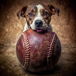 baseball ball 안의 its 입을 들고 있는 개