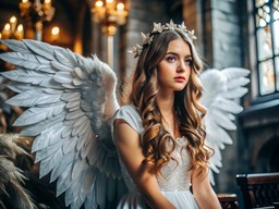 벤치 함께 angel wings 위에 앉아 있는 여성 안의 흰색 드레스
