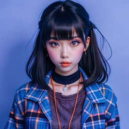 파란색 plaid 셔츠 와 검은색 바지을 입은 doll