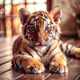 나무 floor 위의 아기 tiger laying