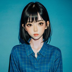 파란색 셔츠 와 검은색 바지을 입은 여성