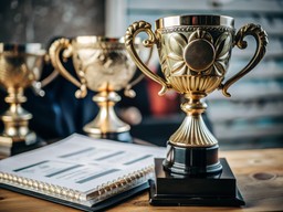 trophies 와 notebook이 있는 탁자