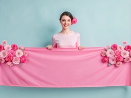 분홍색 banner 안의 앞 파란색 wall을 들고 있는 여성