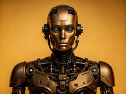 노란색 배경 앞에 서 있는 robot