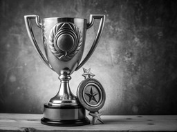 나무 탁자 위에 앉아 있는 은색 trophy