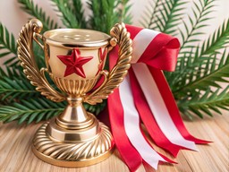 나무 탁자 위의 금색 trophy 함께 빨간색 ribbon around it