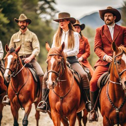 group 사람들 riding horses down dirt 길