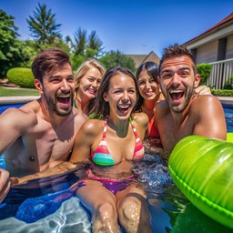 swimming pool 안의 group friends enjoying