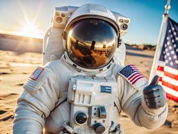 american flag을 들고 있는 astronaut 위의 moon