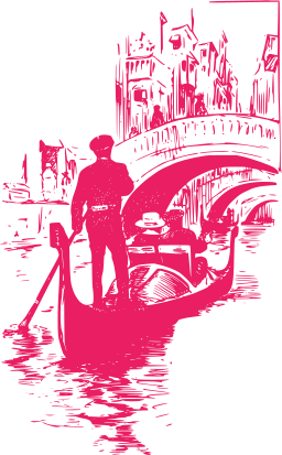 pink silhouette gondola through arch bridge