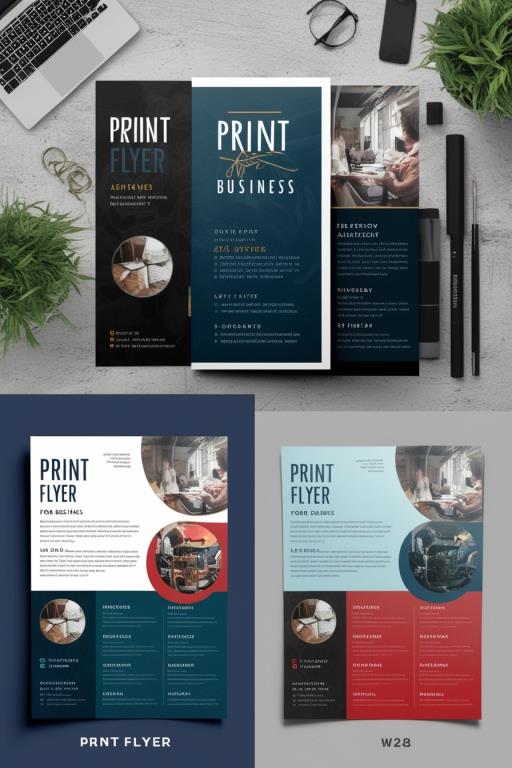 탁자 next to lapto 위의 set three business brochures