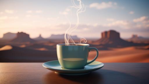 saucer 위의 탁자 함께 mountai 위의 there is cup coffee