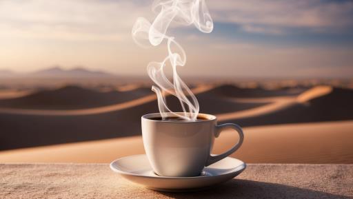 saucer 함께 smoke coming out o 위의 there is cup coffee