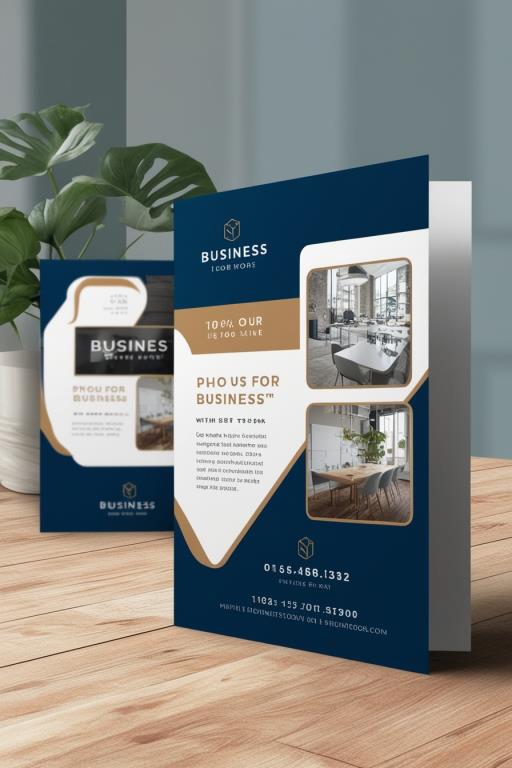 나무 탁자 함께 potted p 위의 two business brochures