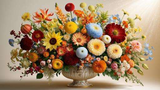 Detailed illustration of a vase filled with lots of colorful flowers