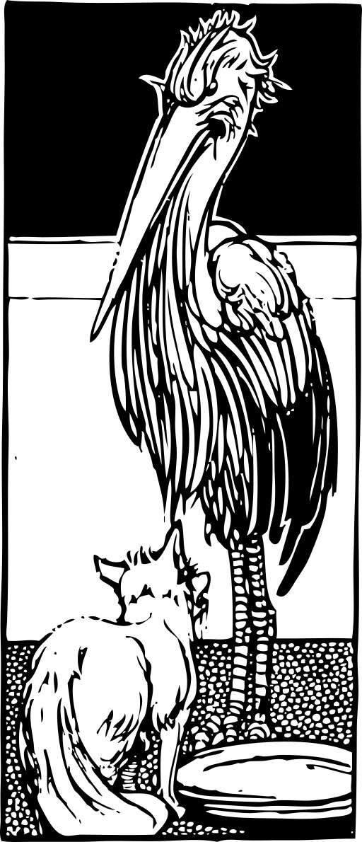 black and white drawing of a pelican and a cat