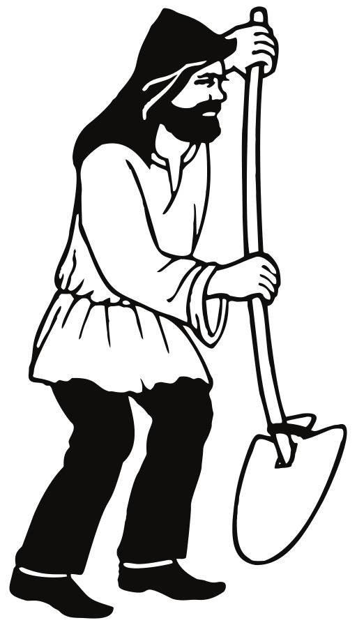 껍데기를 들고 있는 남성의 흑백 그림