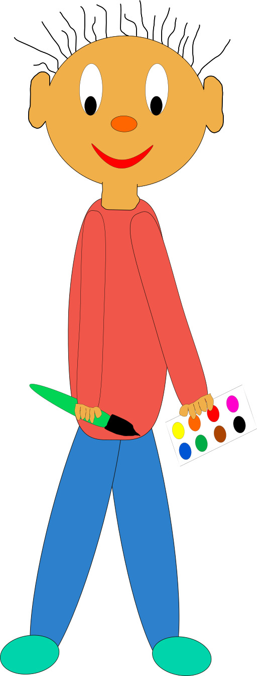 브러시와 Palette Walking가있는 만화 소년