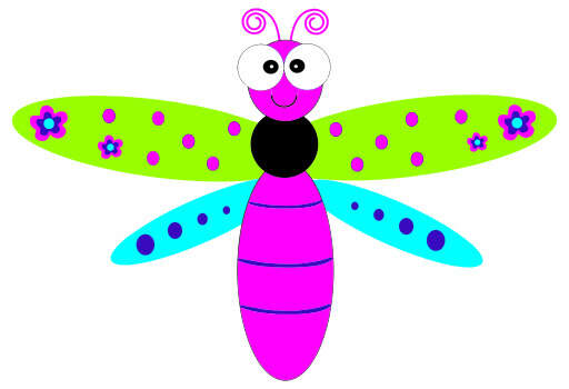 A Cartoon Dragonfly with a Green and Blue Body and a Pink Body