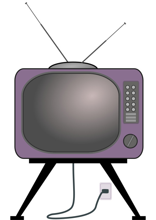 케이블 플러그 인이 달린 보라색 TV의 만화