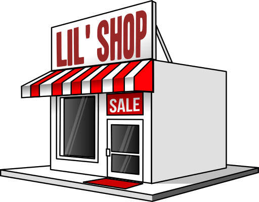 A Cartoon of a Store with a Red and White Awning
