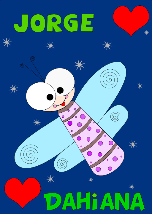 The Close Up of the Cartoon Dragonfly 와 a 심장 에 그만큼 Blue 배경