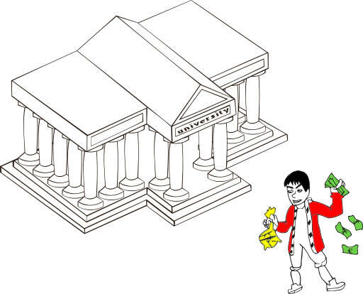 Man with money in front of a bank building cartoon