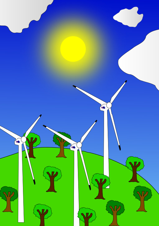 Windmills와 나무를 가진 바람 농장