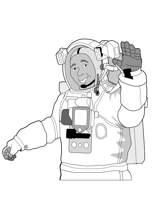만화 astronaut waving 고 보유 휴대 전화 에 그의 손