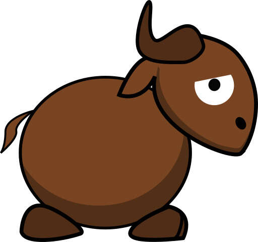 Cartoon Bull with Big Horns and Big Eyes Standing on One Leg