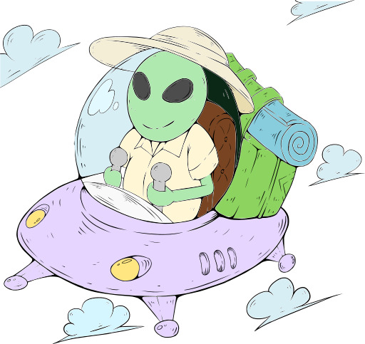 만화 문자 Flying 에 A Spaceship 와 Clouds 과 Clouds 뒤에 그를