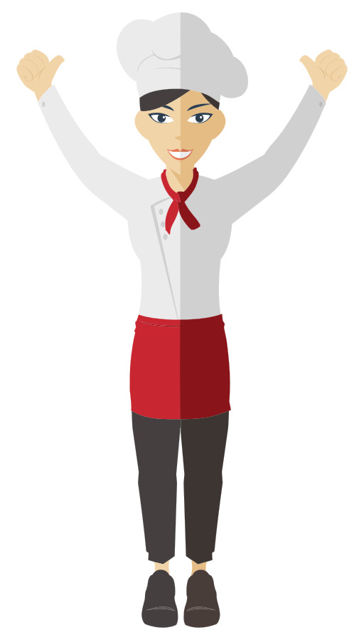 Victory Pose에서 팔을 가진 만화 요리사