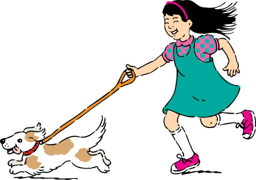 만화 소녀 walk a 개 clipart